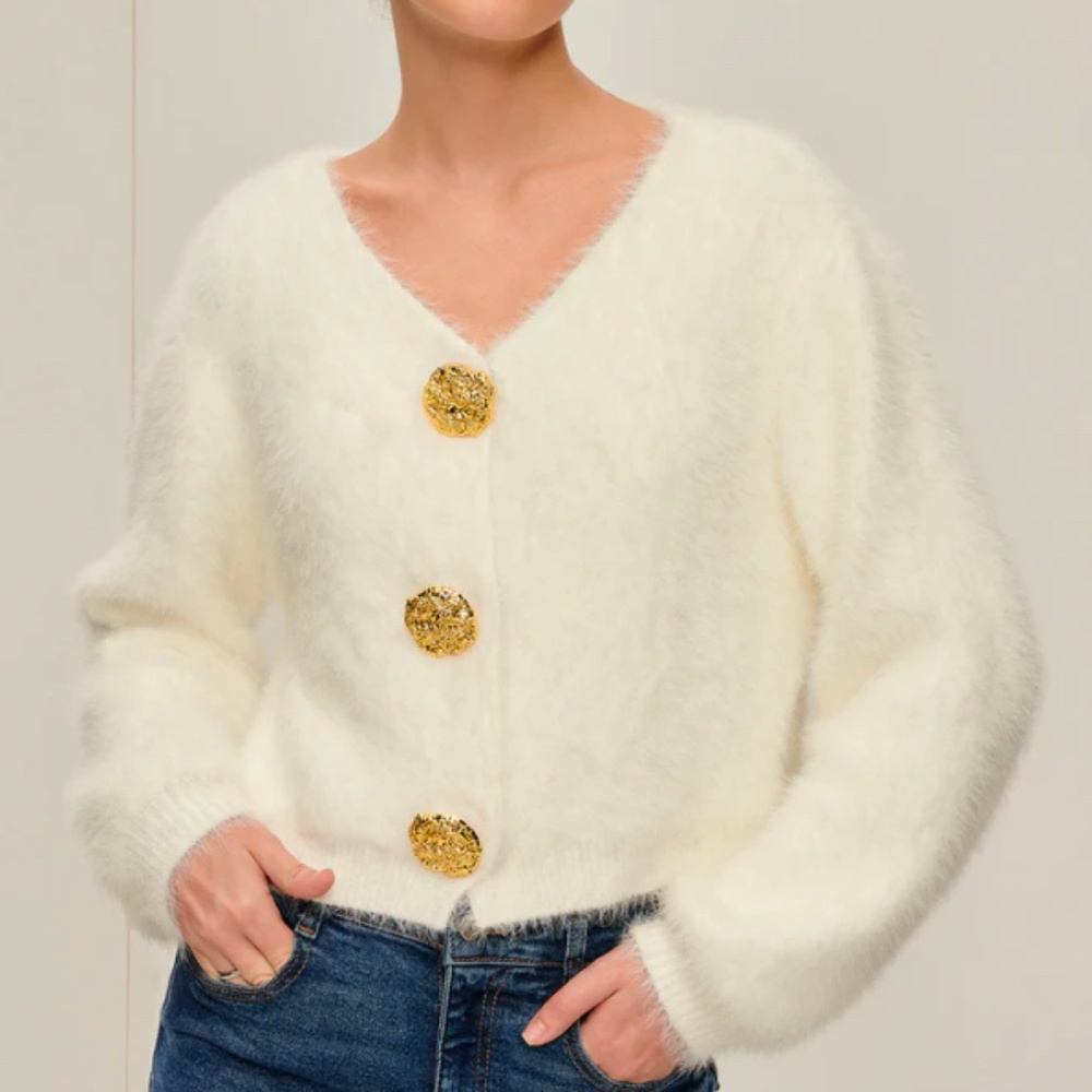Fuzzy V-Neck Cardigan with Gold Buttons
